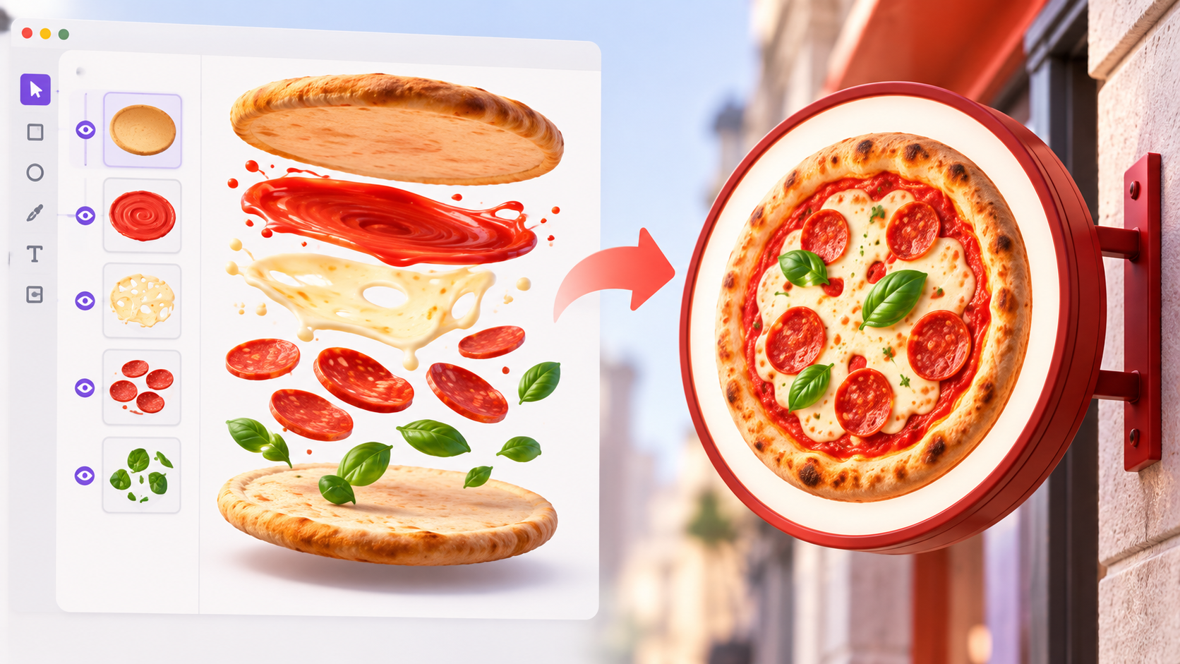 Minh họa một thiết kế pizza được tách thành layer rồi ghép lại thành biển hiệu