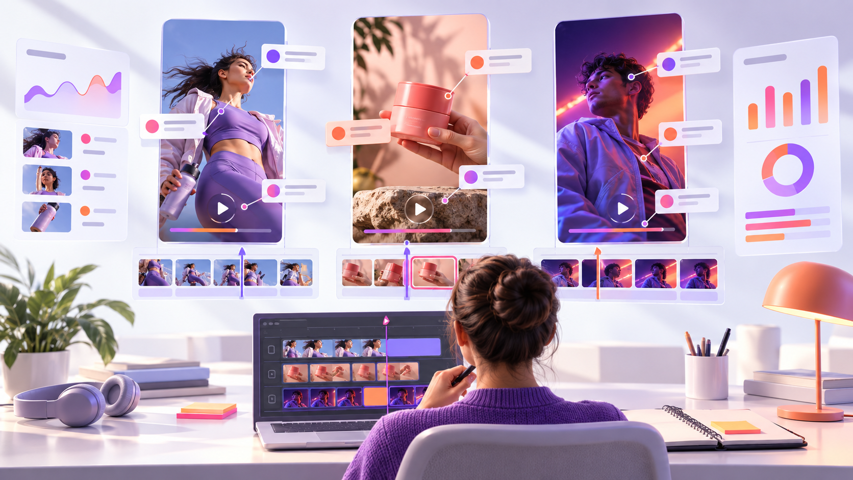 Minh họa bàn làm việc phân tích nhiều quảng cáo video theo từng cảnh